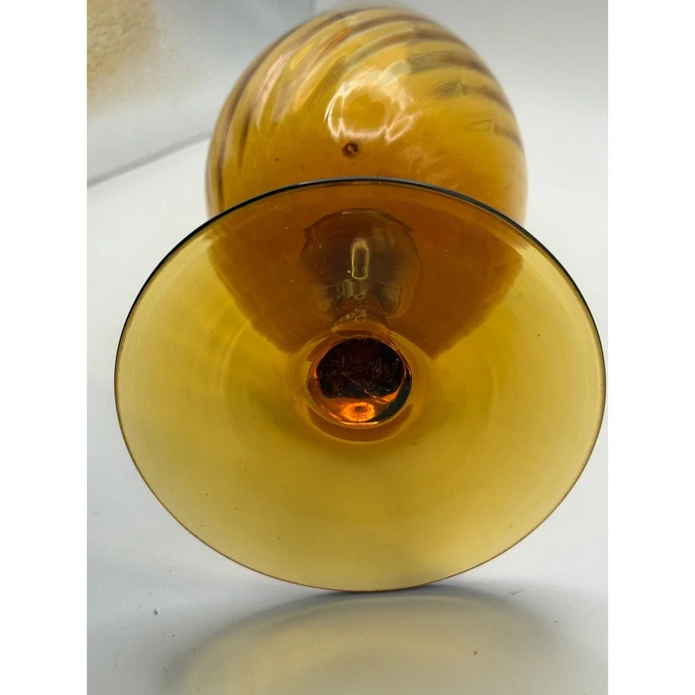 Vintage Empoli Amber Glass Optic Swirl Pedestal Vase Mid-Century Modern Teardrop